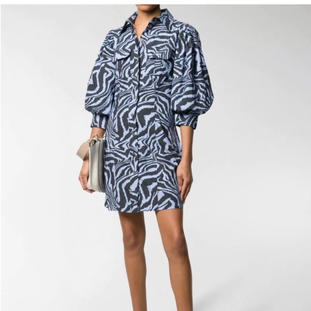 Ganni Zebra Print cotton poplin Puff Sleeve Dress button down